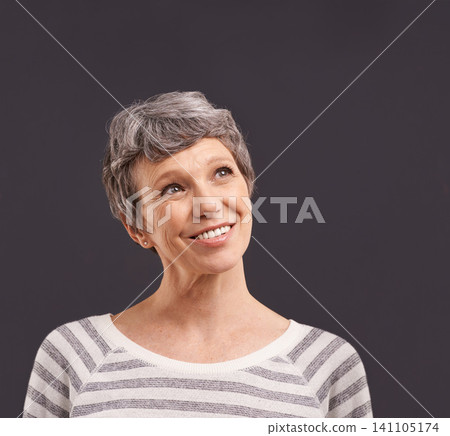 Happy, thinking and senior woman in studio for faq, brainstorming or problem solving on black background. Questions, planning and old lady model curious about announcement, information or deal offer Happy, thinking and senior woman in studio for faq, brainstorming or problem solving on black background. Questions, planning and old lady model curious about announcement, information or deal offer 141105174