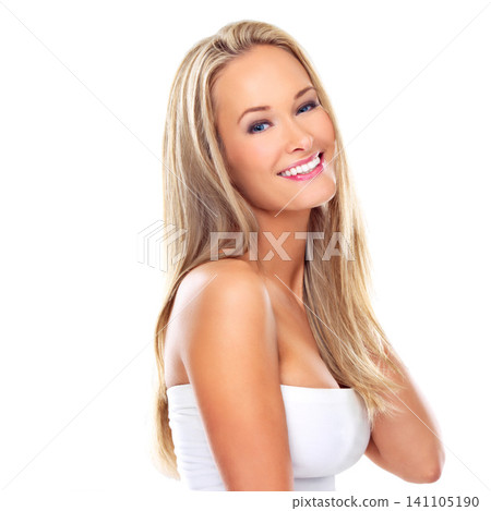 Hair care, smile and portrait of woman in studio with hairdresser treatment, shampoo and healthy glow. Female person, happy and confidence with keratin, growth and salon shine on white background Hair care, smile and portrait of woman in studio with hairdresser treatment, shampoo and healthy glow. Female person, happy and confidence with keratin, growth and salon shine on white background 141105190