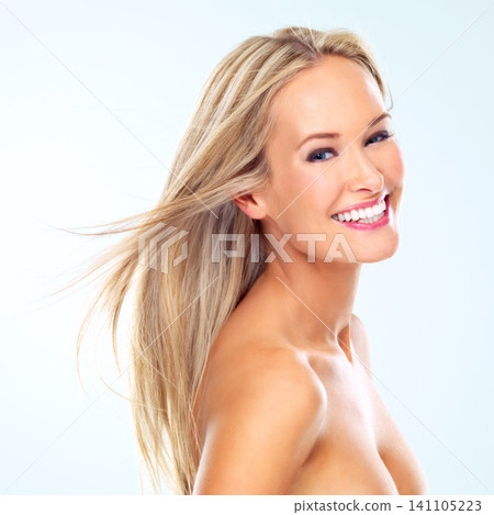 Hair, highlights and face of woman for care, treatment and blow dry for cosmetology on white background. Female person, lady and hairstyle for shampoo, hairdressing and brushing on studio backdrop Hair, highlights and face of woman for care, treatment and blow dry for cosmetology on white background. Female person, lady and hairstyle for shampoo, hairdressing and brushing on studio backdrop 141105223
