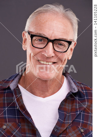 Mature man, fashion and glasses with smile in studio on background for eyewear, optometry and satisfied. Portrait, happy and style or casual outfit with positivity for retirement and enjoy with laugh Mature man, fashion and glasses with smile in studio on background for eyewear, optometry and satisfied. Portrait, happy and style or casual outfit with positivity for retirement and enjoy with laugh 141105228