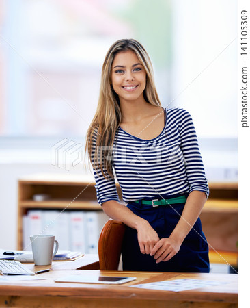 Woman, desk and smile with portrait, office and coffee for work or business. Accountant, technology and files for workspace, administration and corporate or startup career with job and happiness 141105309