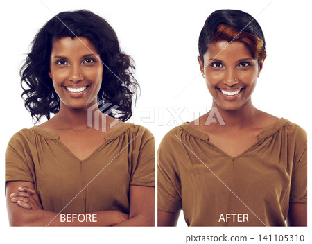 Makeover, woman or smile with portrait for hair care with cosmetic, hairstyle change or haircut transformation. Indian girl, face or collage for beauty change with color treatment on white background 141105310