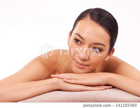 Relax, spa and woman in studio for wellness, massage therapy and luxury treatment for stress relief on isolated white background. Natural, skincare and female person for zen, self care and detox Relax, spa and woman in studio for wellness, massage therapy and luxury treatment for stress relief on isolated white background. Natural, skincare and female person for zen, self care and detox 141105360