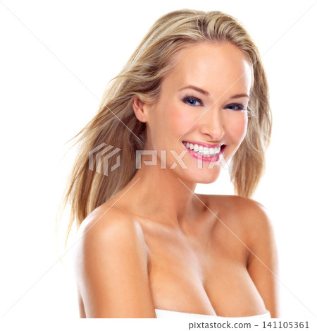 Portrait, hair care and happy woman with makeup for skincare or glow isolated on a white studio background. Face, hairstyle and smile of blonde person with beauty cosmetics at salon for hairdresser Portrait, hair care and happy woman with makeup for skincare or glow isolated on a white studio background. Face, hairstyle and smile of blonde person with beauty cosmetics at salon for hairdresser 141105361