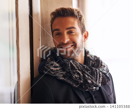 Young businessman, fashion and scarf for winter for office style and satisfaction of professional at work. Happy guy, entrepreneur and trendy clothes for consultant and thinking of idea for startup Young businessman, fashion and scarf for winter for office style and satisfaction of professional at work. Happy guy, entrepreneur and trendy clothes for consultant and thinking of idea for startup 141105388