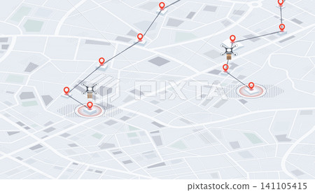 Drone Delivery Network Map Showing Multiple Flight Paths Between Red Location Markers Over City Grid 141105415