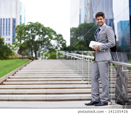 Businessman, park and newspaper with commute, travel and thinking for career or job. Man, walk and cape town with downtown, startup or professional work with morning routine in urban environment Businessman, park and newspaper with commute, travel and thinking for career or job. Man, walk and cape town with downtown, startup or professional work with morning routine in urban environment 141105416