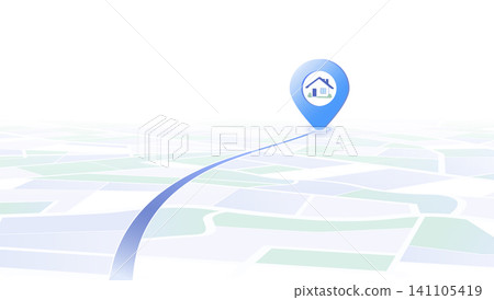 Navigation map concept with blue route leading to house location pin over perspective city map 141105419