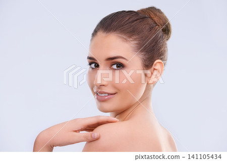 Beauty, portrait and woman with skincare, smile and benefits of facial cosmetics in studio. Dermatology, face and happy girl with natural makeup, healthy glow and luxury skin care on white background Beauty, portrait and woman with skincare, smile and benefits of facial cosmetics in studio. Dermatology, face and happy girl with natural makeup, healthy glow and luxury skin care on white background 141105434