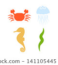 一組海洋生物（螃蟹、水母、海馬、海藻）剪影插圖 - 夏季主題 141105445