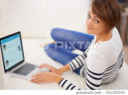 Laptop screen, woman and relax with chat app for communication, message and contact with date online. Portrait of person at home, bedroom and typing on computer with ui, internet and social media Laptop screen, woman and relax with chat app for communication, message and contact with date online. Portrait of person at home, bedroom and typing on computer with ui, internet and social media 141105543