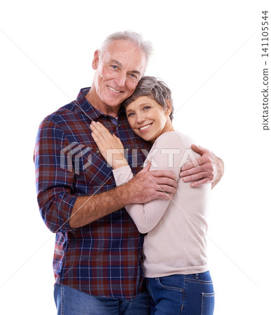 Portrait, hug and senior couple on a white background for bonding, affection and loving relationship. Marriage, happy and mature man and woman embrace for commitment, love and care in studio together Portrait, hug and senior couple on a white background for bonding, affection and loving relationship. Marriage, happy and mature man and woman embrace for commitment, love and care in studio together 141105544