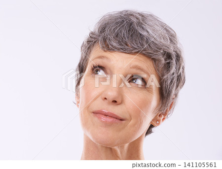 Idea, thinking and senior woman in studio for faq, brainstorming or problem solving on white background. Questions, planning and old lady model curious about announcement, information or deal offer 141105561