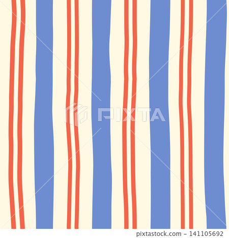 Blue and red organic nautical stripes seamless vector pattern, Irregular stripe background, Retro painted lines for summer clothing designs Blue and red organic nautical stripes seamless vector pattern, Irregular stripe background, Retro painted lines for summer clothing designs 141105692