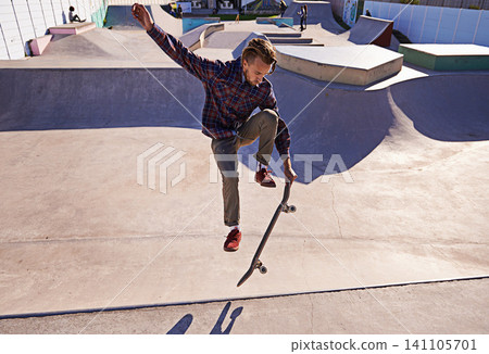 Skateboard, training and man with ramp, energy and competition with cardio and sunshine. Adventure, person and skater with practice for technique and skating style with exercise, sports and skills Skateboard, training and man with ramp, energy and competition with cardio and sunshine. Adventure, person and skater with practice for technique and skating style with exercise, sports and skills 141105701