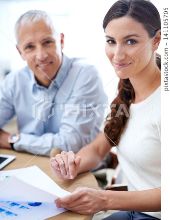 Portrait, man and woman in office with documents for sales review, growth or development online. Planning, strategy and business people at desk with stats for data analysis, feedback or profit report Portrait, man and woman in office with documents for sales review, growth or development online. Planning, strategy and business people at desk with stats for data analysis, feedback or profit report 141105705