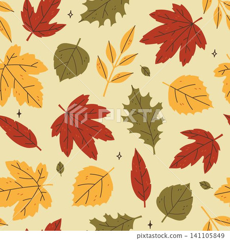 Seamless pattern with various autumn leaves. Vector graphics. Seamless pattern with various autumn leaves. Vector graphics. 141105849