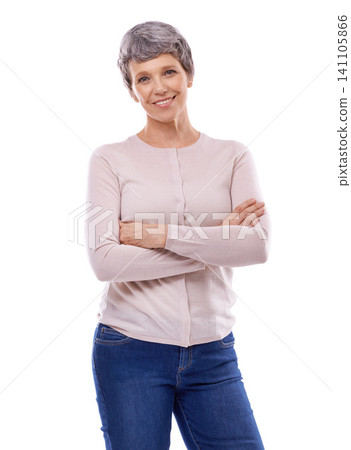 Elderly woman, portrait and arms crossed in studio with smile, happiness and confidence on isolated white background. Retirement, fashion and senior female person for aesthetic, style and clothing Elderly woman, portrait and arms crossed in studio with smile, happiness and confidence on isolated white background. Retirement, fashion and senior female person for aesthetic, style and clothing 141105866