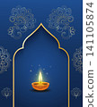 Elegant Diwali poster with glowing diya lamp, golden ornamental arch and floral mandala patterns on deep blue background. Festive Indian design for cards, invitations, posters and social media. 141105874