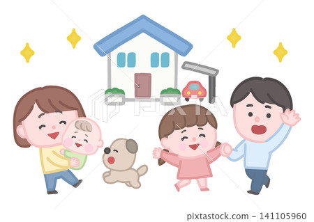 A smiling family of four and their dog in front of a detached house. A smiling family of four and their dog in front of a detached house. 141105960