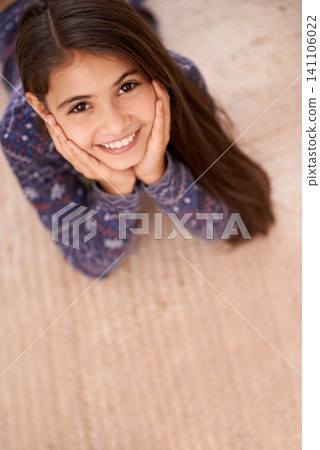 Children, portrait and girl relax on a floor, carpet or relax in her home for vacation, resting or break from above. Top view, face and excited female kid person in a living room for weekend chill Children, portrait and girl relax on a floor, carpet or relax in her home for vacation, resting or break from above. Top view, face and excited female kid person in a living room for weekend chill 141106022