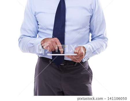 Business, tablet and man in studio for networking, internet or communication by white background. Professional, corporate and male person with technology for connection, online investment or email 141106050