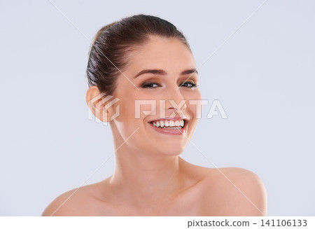 Portrait, beauty and makeup with woman, smile and dermatology on white studio background. Face detox, person or model with shine, skincare and cosmetics with wellness or healthy skin with aesthetic Portrait, beauty and makeup with woman, smile and dermatology on white studio background. Face detox, person or model with shine, skincare and cosmetics with wellness or healthy skin with aesthetic 141106133