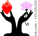 Two hands showing love fire and spiritual lotus balance 141106169
