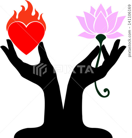 Two hands showing love fire and spiritual lotus balance Two hands showing love fire and spiritual lotus balance 141106169