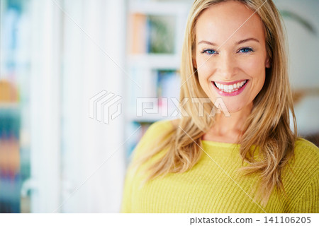 Woman, relax and smile portrait in happy home on holiday, comfort confident and female person with bright face. Chilling, cozy and comfortable on vacation, wellness and Canadian girl in Toronto 141106205