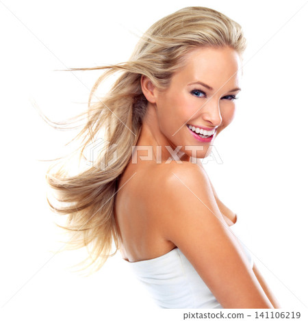 Portrait, hair and happy woman in wind for beauty, skincare and aesthetic isolated on white studio background. Face, smile and hairstyle of blonde person in makeup, cosmetics and hairdresser at salon Portrait, hair and happy woman in wind for beauty, skincare and aesthetic isolated on white studio background. Face, smile and hairstyle of blonde person in makeup, cosmetics and hairdresser at salon 141106219