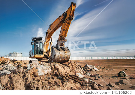 A yellow excavator is digging and moving rocks on a construction site during a sunny day in a rural landscape with clouds in the sky A yellow excavator is digging and moving rocks on a construction site during a sunny day in a rural landscape with clouds in the sky 141106263