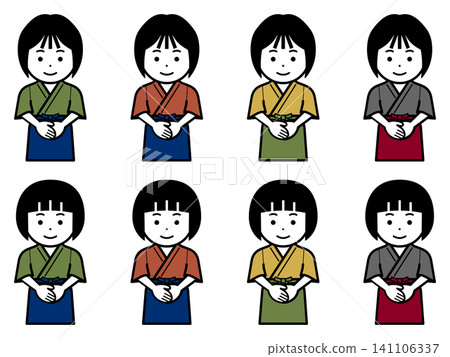 [不同顏色] 一位身穿日本傳統工作服（samue）和圍裙的女性圖標，雙手交疊於身前。 141106337