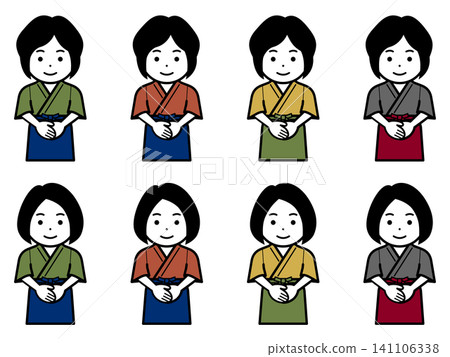 [Different hairstyle] [Different color] Icon of a woman wearing a samue (traditional Japanese work clothing) and apron with her hands clasped in front of her. 141106338