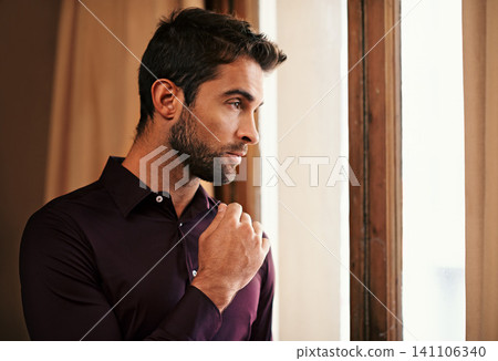 Young man, thinking and relax in home on weekend with wellness, daydreaming and reflection by door. Male person, calm and rest on morning in apartment, contemplation and inspiration for future indoor Young man, thinking and relax in home on weekend with wellness, daydreaming and reflection by door. Male person, calm and rest on morning in apartment, contemplation and inspiration for future indoor 141106340