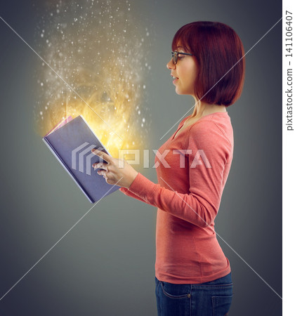 Profile, glowing book and woman with magic, story and education on grey studio background. Person, model and girl with novel and literature with knowledge and learning with light, creative or fantasy Profile, glowing book and woman with magic, story and education on grey studio background. Person, model and girl with novel and literature with knowledge and learning with light, creative or fantasy 141106407