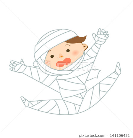 一幅穿著萬聖節服裝的可愛木乃伊男孩的插圖。 一幅穿著萬聖節服裝的可愛木乃伊男孩的插圖。 141106421