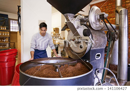 Coffee, checking and man with machine for roasting with small business, production and quality control. Entrepreneur, barista or roaster with beans at cafe, sustainable startup and espresso process Coffee, checking and man with machine for roasting with small business, production and quality control. Entrepreneur, barista or roaster with beans at cafe, sustainable startup and espresso process 141106427
