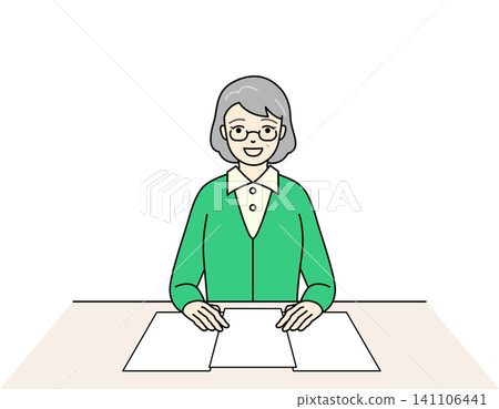 An illustration of a senior woman smiling with relief in front of documents on a table. An illustration of a senior woman smiling with relief in front of documents on a table. 141106441