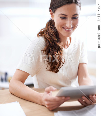 Woman, tablet or internet to relax on social network, blog or news website as break in remote work. Smile, female entrepreneur or tech to search, email or look at meme, gif or post online in home Woman, tablet or internet to relax on social network, blog or news website as break in remote work. Smile, female entrepreneur or tech to search, email or look at meme, gif or post online in home 141106497