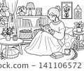 A coloring page of a girl reading a book in her room. 141106572
