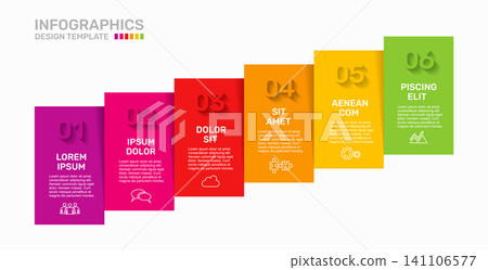 Modern business infographic template featuring six overlapping colorful vertical blocks with line icons. Vector illustration. 141106577