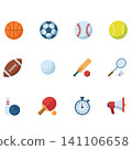 Sports equipment icon set including basketball, soccer ball, baseball, tennis ball, rugby ball, golf ball, cricket bat and ball, badminton racket, bowling ball and pin, table tennis paddle, stopwatch, 141106658