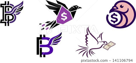 Financial bird logo set with bitcoin and dollar symbols, 5 vector icons of flying birds and currency, purple and black crypto finance branding elements Financial bird logo set with bitcoin and dollar symbols, 5 vector icons of flying birds and currency, purple and black crypto finance branding elements 141106794