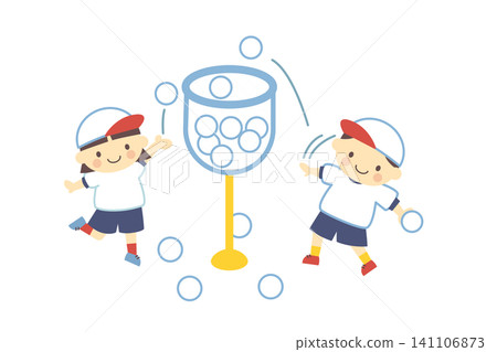 A boy and a girl from the White Team playing ball toss at the school sports day. A boy and a girl from the White Team playing ball toss at the school sports day. 141106873