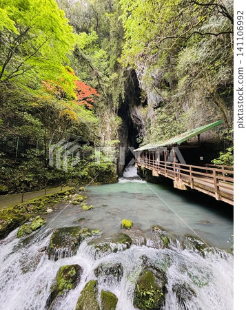 The entrance to Akiyoshido Cave; a clear stream flowing from a crack in the rock; Yamaguchi Prefecture. The entrance to Akiyoshido Cave; a clear stream flowing from a crack in the rock; Yamaguchi Prefecture. 141106992