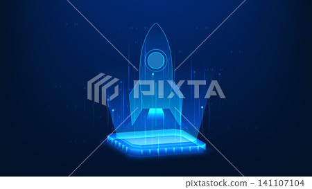 Technology background AI chip with a rocket above it, representing high-performance artificial intelligence, accelerated data processing, intelligent computing, machine learning, digital innovation 141107104