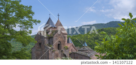 Goshavank monastery panorama in green Dilijan mountains with copy space 141107122