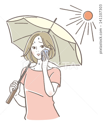 A woman sweating while holding a parasol. A woman sweating while holding a parasol. 141107303