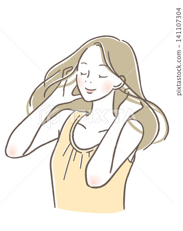 Woman brushing her hair with a smile Woman brushing her hair with a smile 141107304